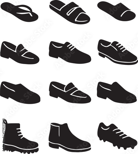 Footwear icon set in black silhouette with sandals, dress shoes, boots, and cleats for fashion, retail, and sports themesfootwear, shoe, sandal, boot, cleat, loafer, oxford, derby, mule, moccasin, sli