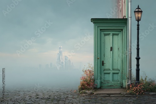 Misty cityscape, antique door, vintage streetlamp