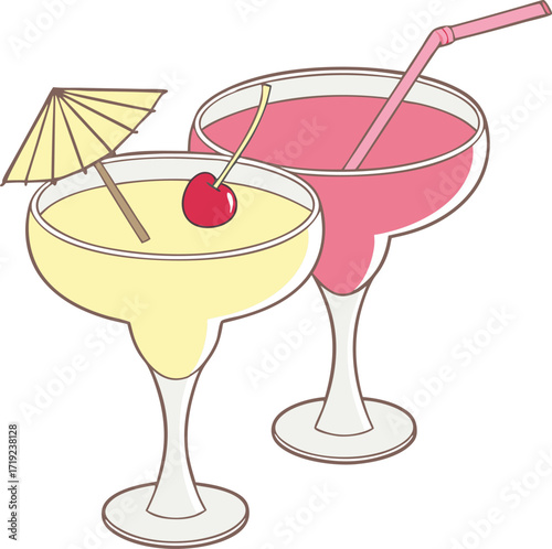 Colorful 3D render mockup of fruit cocktails in glassware with decorative slices, isolated product illustration.