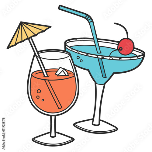 3D render design of alcohol cocktails with fruit garnish in elegant transparent glasses, isolated clean vector.