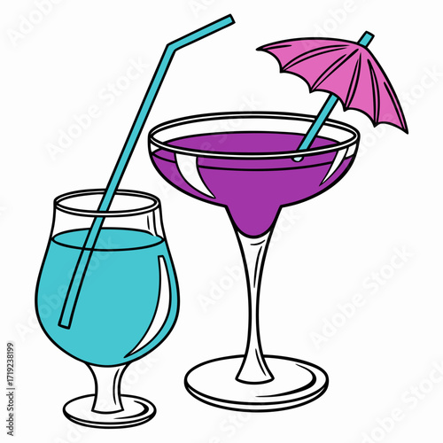 3D realistic illustration of cocktail glasses filled with fruit alcohol drinks and citrus garnish, isolated vector.