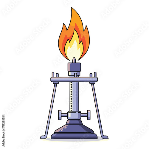 Vector Illustration of a Bunsen Burner with Flame in Modern Style Featuring Bright Colors and Clean Lines