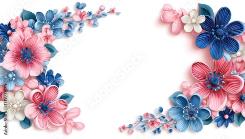 Floral frame with pastel pink, blue, and white paper flowers