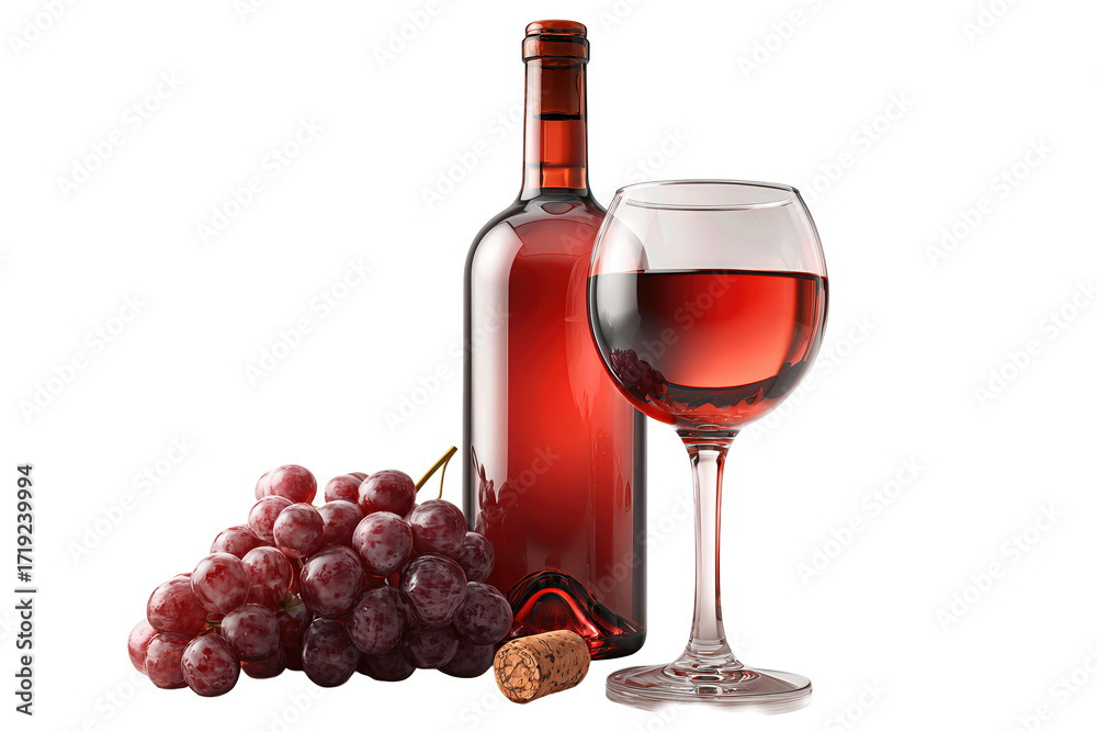 Obraz premium Burgundy wine bottle with filled glass, cork in front and grape cluster to the side, subtle highlights on bottle surface, transparent background. 
