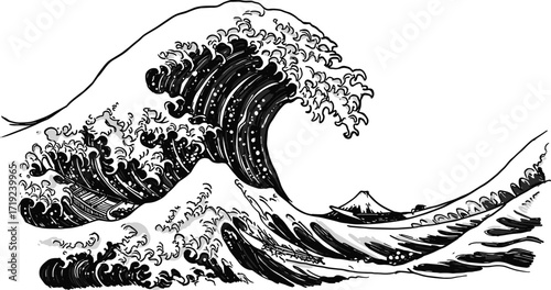 Traditional Japanese wave illustration inspired by Hokusai art, powerful ocean wave drawing with boats and Mount Fuji, black white vector design.