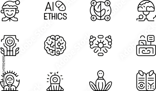 AI ethics and activism doodle icon set. Cute hand drawn illustrations of protester, robot face, barcode earth, surveillance cloud, melting globe, muted mic. Black and white art for social issues