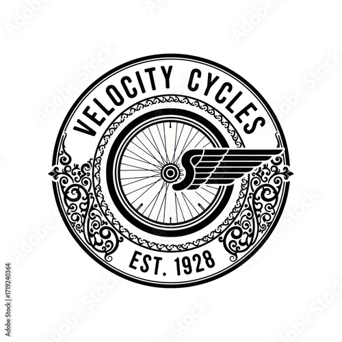 Vintage black and white circular logo for Velocity Cycles, featuring a bicycle wheel, winged 'S', and ornate decorative border, established 1928.