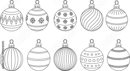 Black and white Christmas ornaments, festive holiday decorations, printable coloring page, winter craft design, DIY art, seasonal decor inspiration