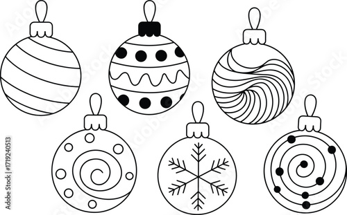Black and white Christmas ornaments, festive holiday decorations, printable coloring page, winter craft design, DIY art, seasonal decor inspiration
