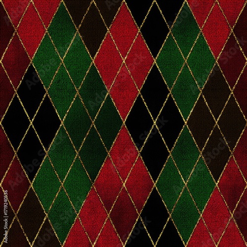 A repeating diamond pattern in shades of red, green, black, and brown, overlaid with a gold-toned outline, giving a textured, possibly vintage or antique appearance