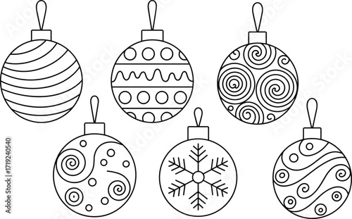 Black and white Christmas ornaments, festive holiday decorations, printable coloring page, winter craft design, DIY art, seasonal decor inspiration