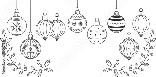 Black and white Christmas ornaments, festive holiday decorations, printable coloring page, winter craft design, DIY art, seasonal decor inspiration