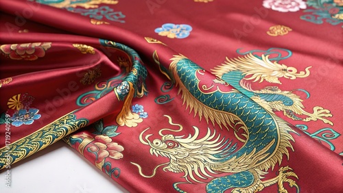 Decorative chinese silk fabric featuring detailed dragon designs in vibrant colors on a rich red background