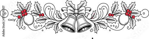 Christmas bells and holly garland, festive outline illustration, holiday decoration, winter season, black and white design