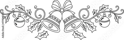 Christmas bells and holly garland, festive outline illustration, holiday decoration, winter season, black and white design