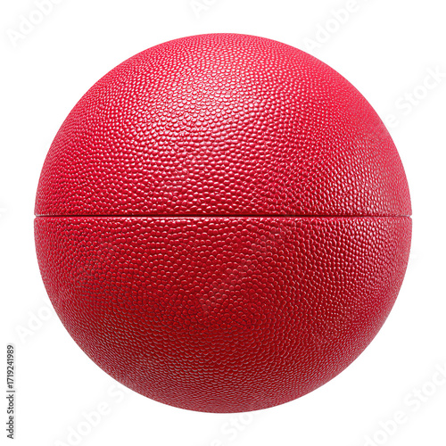Red rubber dodgeball with detailed pebbled texture, seam curving across the upper third and subtle scuff marks, transparent background.
