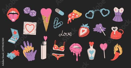 Cartoon set stickers of Valentine's Day and Love. Vintage design concept of collection romantic elements and symbols. Hand drawn funky doodle pack for daily planner, scrapbooking, print, decoration