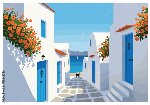 A charming alleyway in greece, bathed in sunlight, features whitewashed buildings adorned with vibrant orange flowers, creating a picturesque scene with a glimpse of the azure sea in the distance