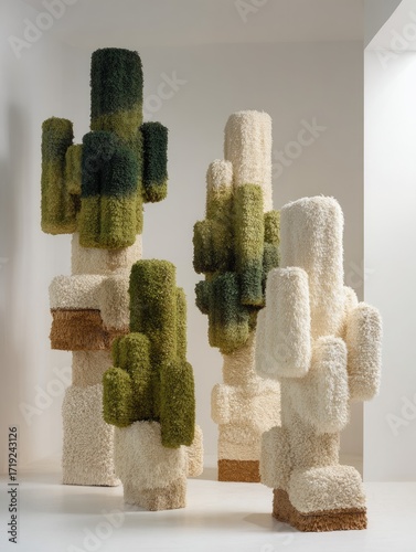Four abstract sculptures resembling stylized cacti, crafted from textured materials in varying shades of green and off-white, stand against a minimalist white backdrop