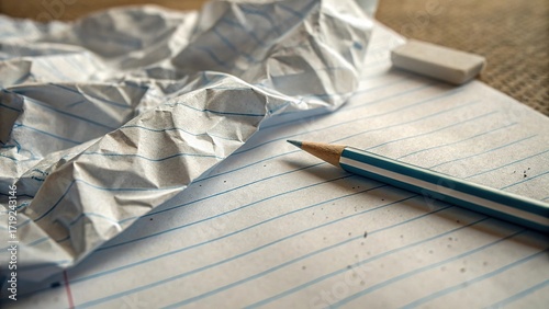Crumpled notebook paper and pencil on a desk indicate brainstorming or discarded ideas in a creative workspace