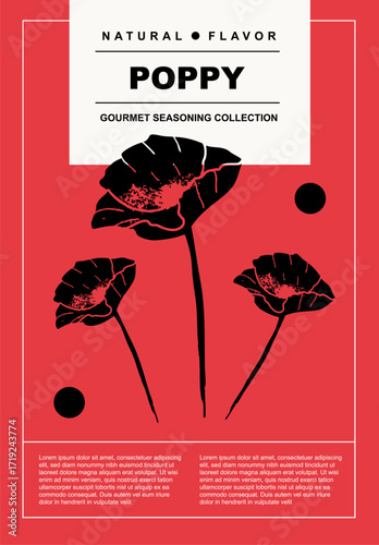 Poppy. Set of posters of spices and herbs in a abstract draw design. Label or poster for food preparing and culinary. Simple, flat design. For poster, cover, banner.	