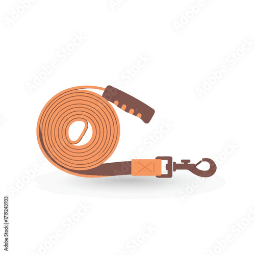 A rolled-up orange dog leash with a brown handle and clip on a white background.