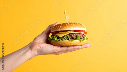 A close-up of a freshly made, juicy cheeseburger held by a hand against a vibrant yellow background, symbolizing delicious fast food and a quick, satisfying meal concept