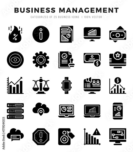 Set of simple Glyph Business Management Icons. Glyph art icons pack.
