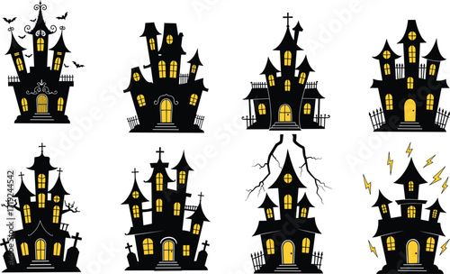 Set of Haunted Houses with Glowing Windows and Spooky Details in Halloween Vector Illustration Featuring Gothic Architecture and Eerie Atmosphere