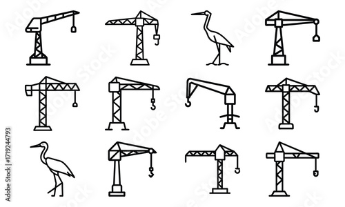 Collection of Line Art Icons – Birds, Flying Dove, Duck Family, Owl Face, Hummingbird, Parrot, Kite, Crane, and Decorative Floral Symbol Outline on White Background