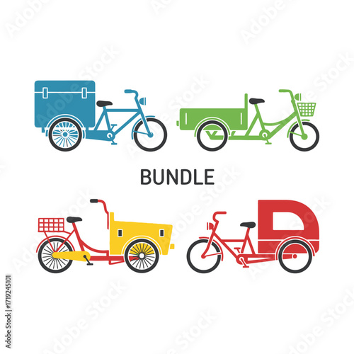 Collection of diverse cargo bicycles and tricycles for urban transport.