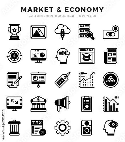 Vector Market & Economy types icon set in Lineal Filled style. vector illustration.