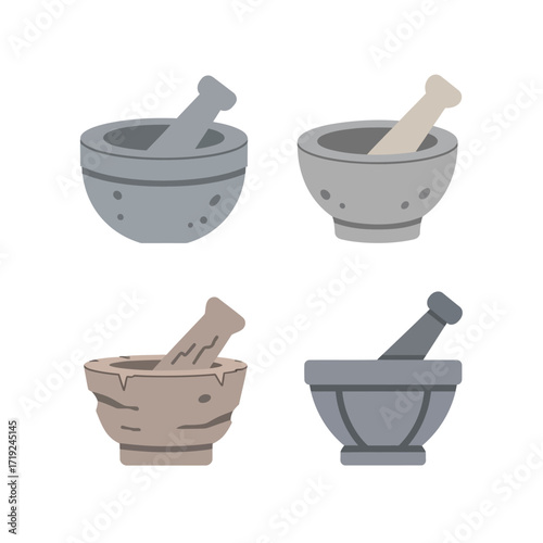 Collection of four different mortar and pestle illustrations.