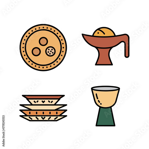 Collection of four flat design icons representing food and cultural objects.