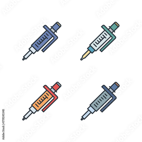 Colorful medical syringe icon set for vaccination and injection.