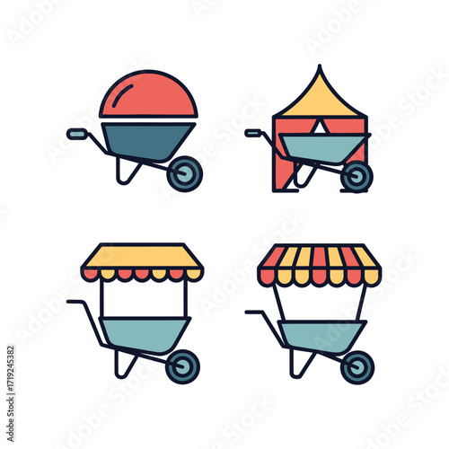 Colorful Wheelbarrow Food Carts and Market Stalls Icons.