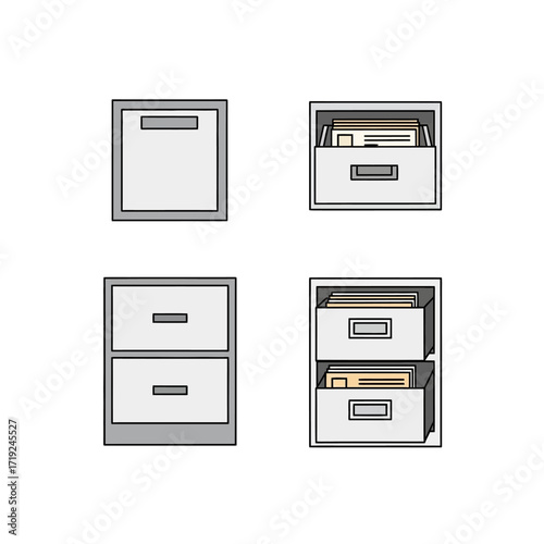 File Cabinets Illustration - Closed and Open Drawers with Documents.
