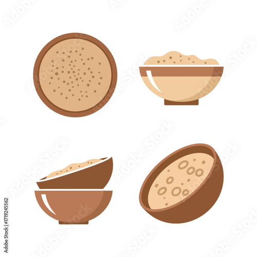 Four Bowls of Oatmeal Illustration with Different Perspectives and Textures.