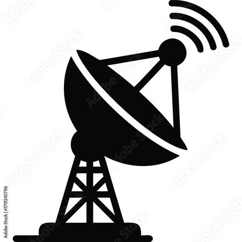 A black and white illustration of a satellite dish with waves emanating from the top right corner silhouette
