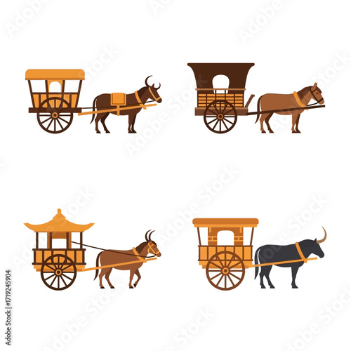 Four different types of animal drawn carts with various designs and styles.