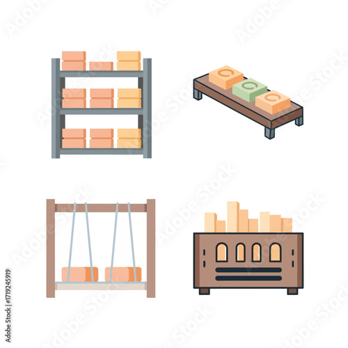 Four distinct objects on a white background including shelves swing set and radio.