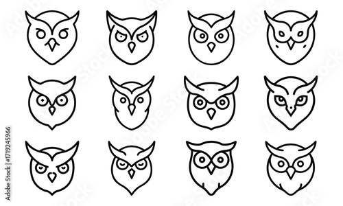 Collection of Line Art Icons – Birds, Flying Dove, Duck Family, Owl Face, Hummingbird, Parrot, Kite, Crane, and Decorative Floral Symbol Outline on White Background