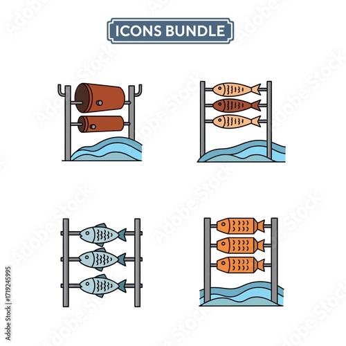 Grilled fish and meat on skewers over water.
