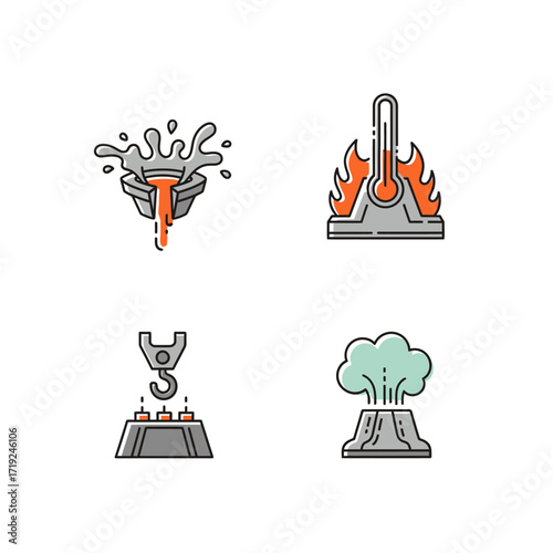 Industrial and Geological High Temperature Process Color Icons Set.