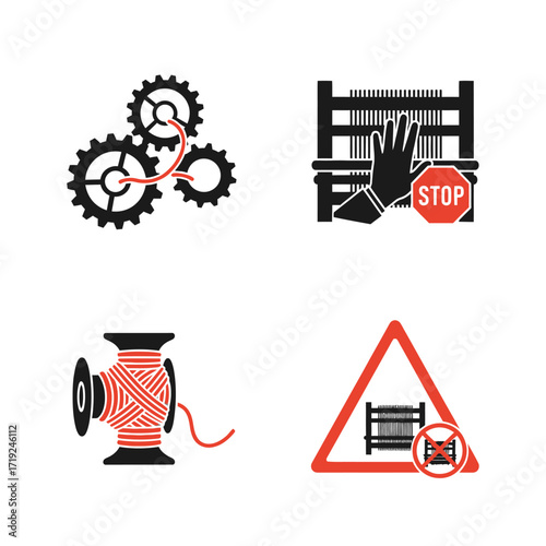 Industrial Safety Icons for Textile Manufacturing Machinery.
