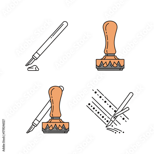 Leatherworking Craft Tools Color Icon Set with Swivel Knife and Stamp.