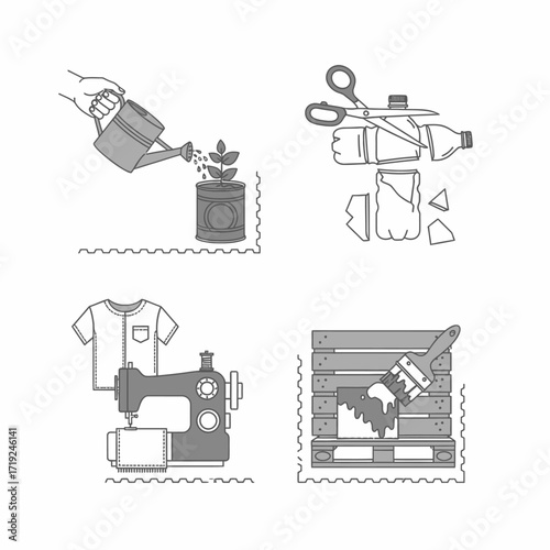 Monochrome Line Art Icons for DIY Upcycling and Sustainable Hobbies.