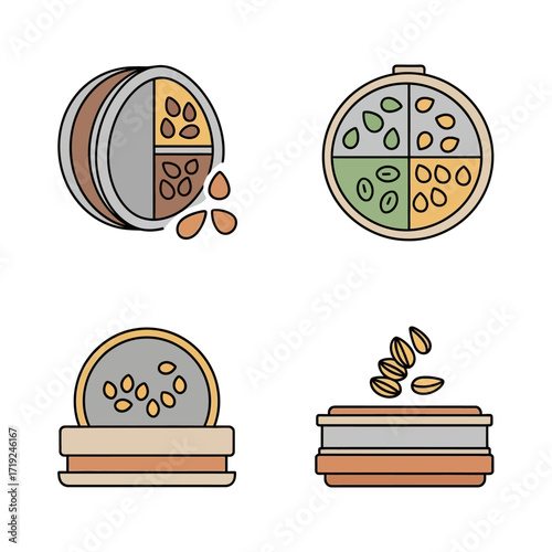 Seed sorting and processing icons agricultural equipment for quality control and selection.