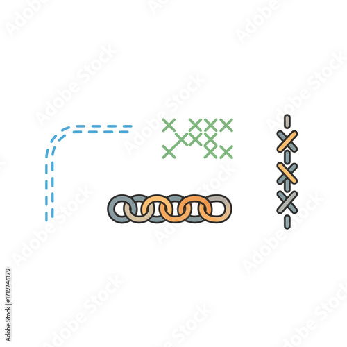 Set of colorful embroidery and sewing stitch types.