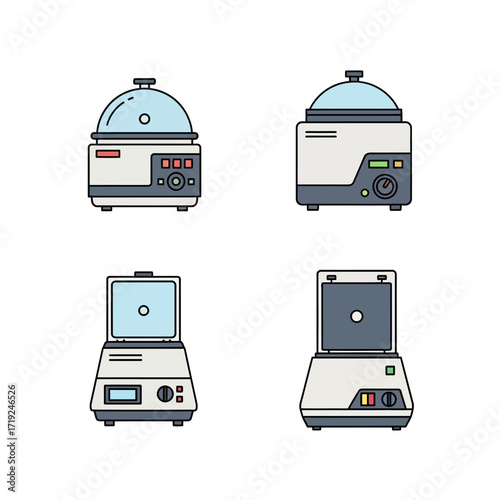 Set of four laboratory centrifuge machine vector icons.